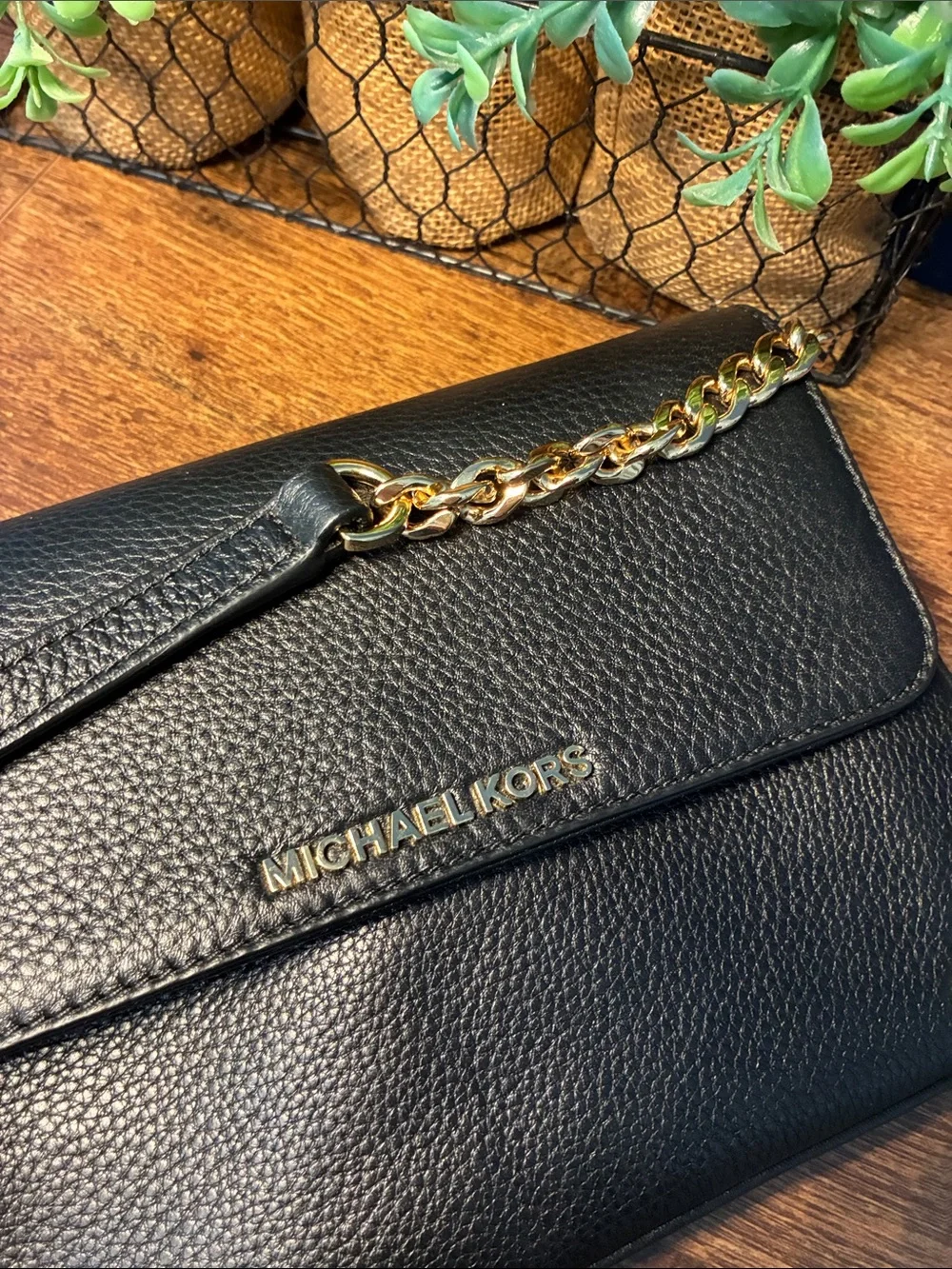 Michael Kors Black Leather Crossbody with Gold Chain Accent